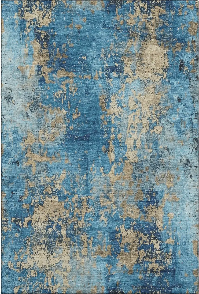 Blue And Gold Abstract Washable Area Rug With UV Protection Photo 7