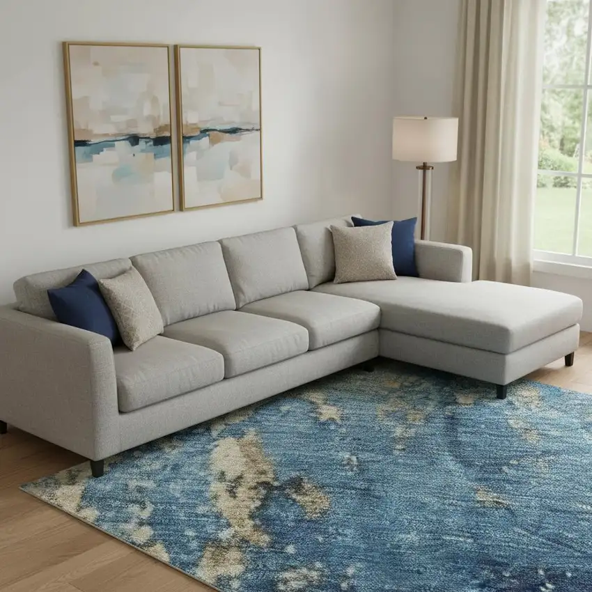 Blue And Gold Abstract Washable Area Rug With UV Protection Photo 2