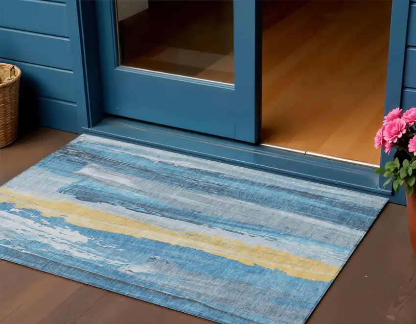 Blue And Gold Abstract Washable Indoor Outdoor Area Rug Photo 2