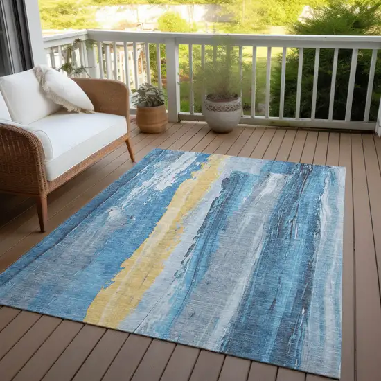 Blue And Gold Abstract Washable Indoor Outdoor Area Rug Photo 3
