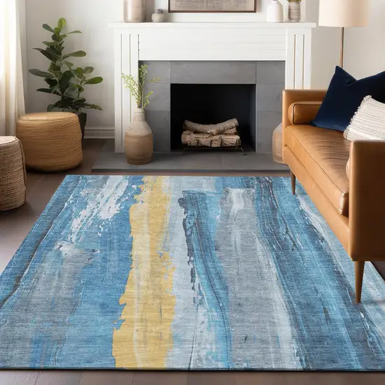 Blue And Gold Abstract Washable Indoor Outdoor Area Rug Photo 4