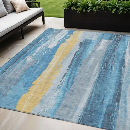 Blue And Gold Abstract Washable Indoor Outdoor Area Rug Photo 2