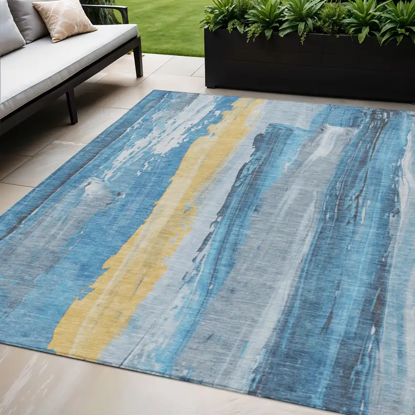 Blue And Gold Abstract Washable Indoor Outdoor Area Rug Photo 2