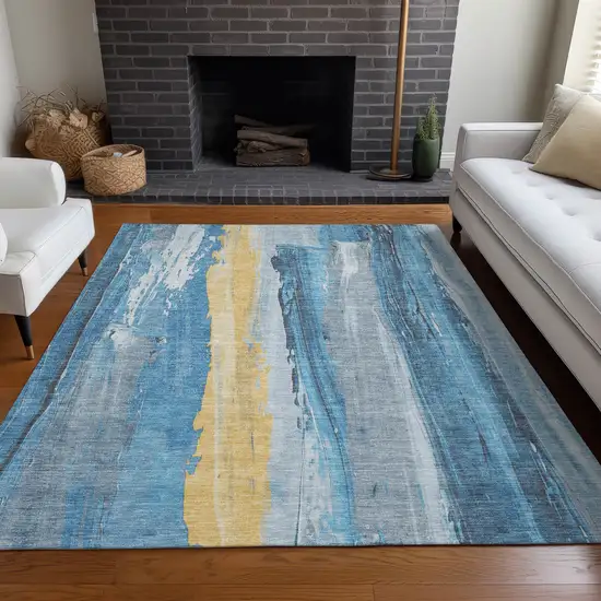 Blue And Gold Abstract Washable Indoor Outdoor Area Rug Photo 5