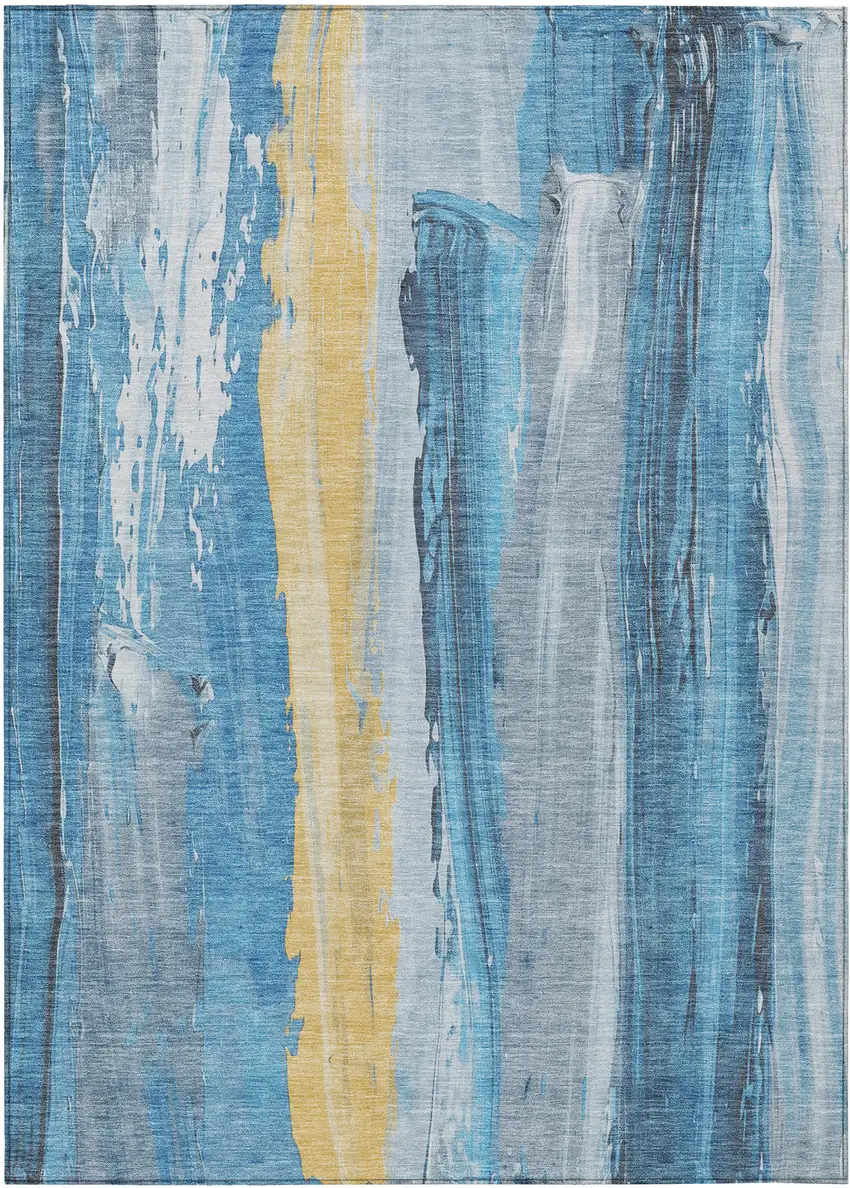 Blue And Gold Abstract Washable Indoor Outdoor Area Rug Photo 8