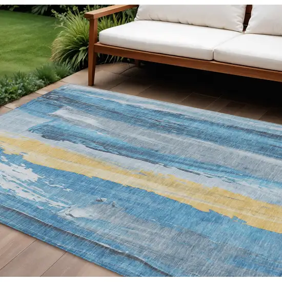 Blue And Gold Abstract Washable Indoor Outdoor Area Rug Photo 2