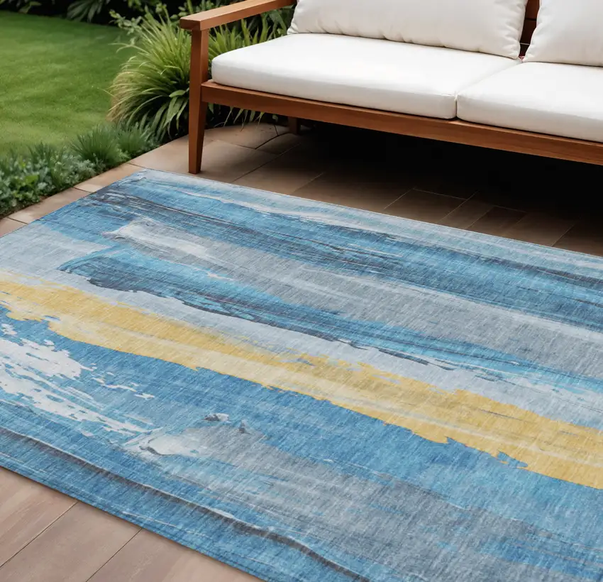 Blue And Gold Abstract Washable Indoor Outdoor Area Rug Photo 2