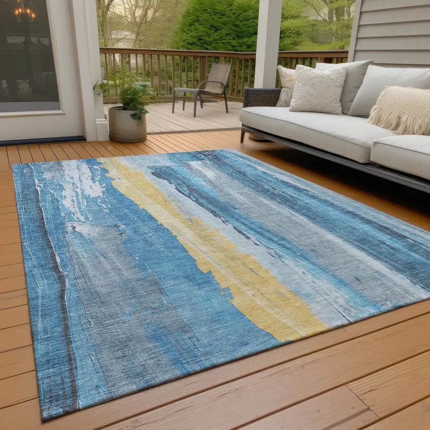 Blue And Gold Abstract Washable Indoor Outdoor Area Rug Photo 7