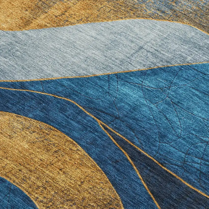 Blue And Gold Abstract Washable Indoor Outdoor Area Rug Photo 4