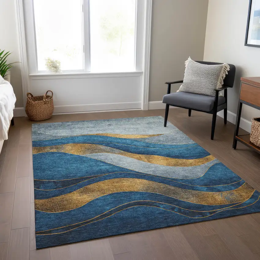 Blue And Gold Abstract Washable Indoor Outdoor Area Rug Photo 7
