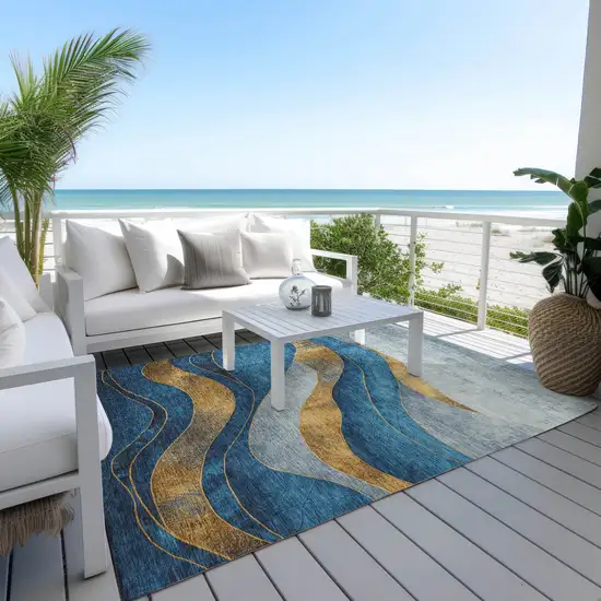 Blue And Gold Abstract Washable Indoor Outdoor Area Rug Photo 5