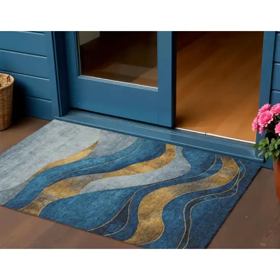 Blue And Gold Abstract Washable Indoor Outdoor Area Rug Photo 2