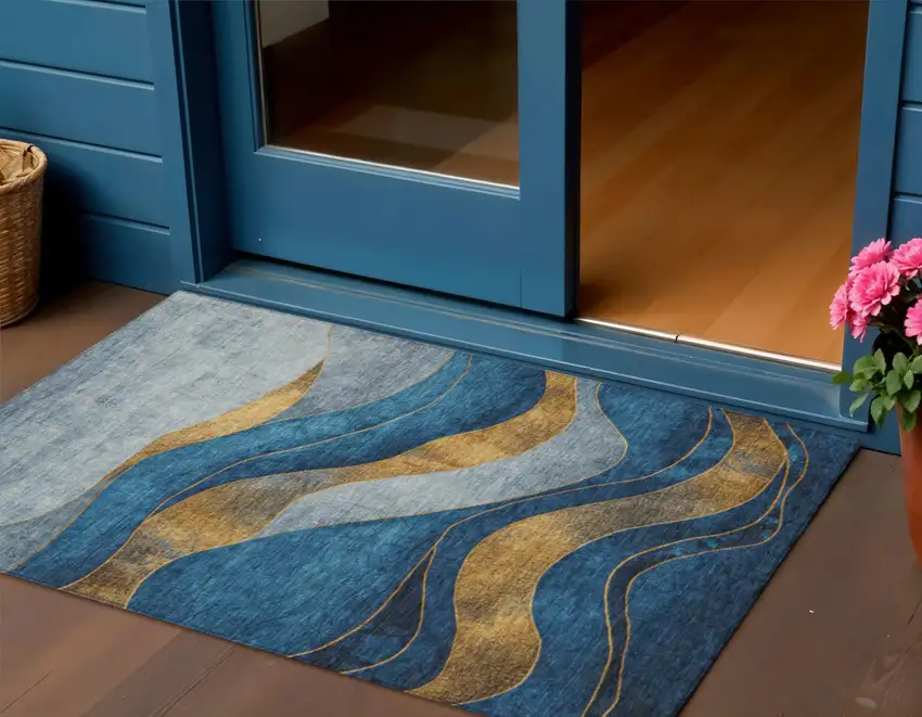 Blue And Gold Abstract Washable Indoor Outdoor Area Rug Photo 2
