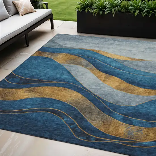 Blue And Gold Abstract Washable Indoor Outdoor Area Rug Photo 2