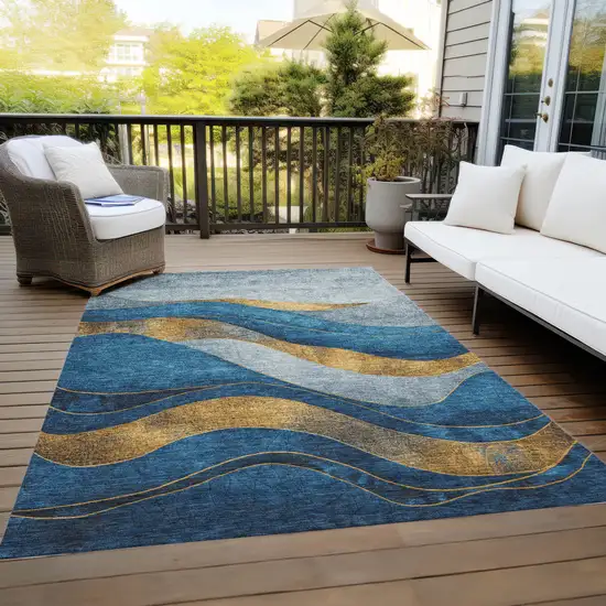 Blue And Gold Abstract Washable Indoor Outdoor Area Rug Photo 7