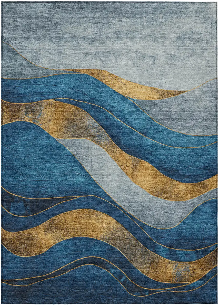 Blue And Gold Abstract Washable Indoor Outdoor Area Rug Photo 8