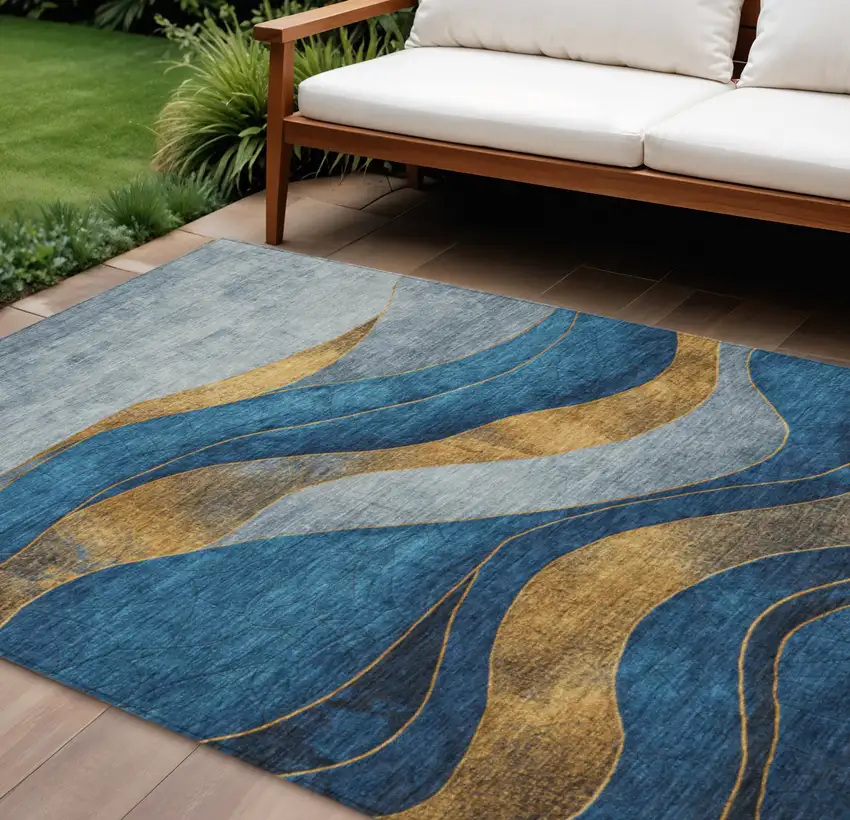 Blue And Gold Abstract Washable Indoor Outdoor Area Rug Photo 2