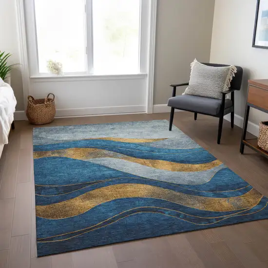 Blue And Gold Abstract Washable Indoor Outdoor Area Rug Photo 6