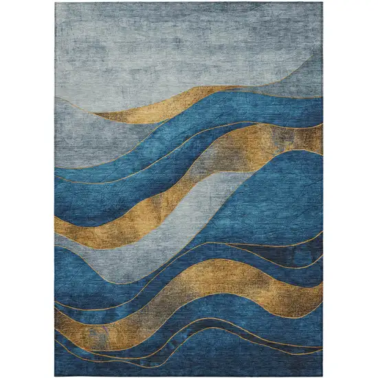 Blue And Gold Abstract Washable Indoor Outdoor Area Rug Photo 8