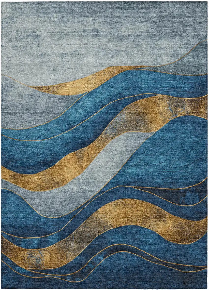 Blue And Gold Abstract Washable Indoor Outdoor Area Rug Photo 8