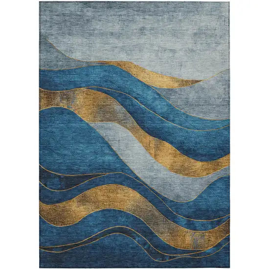 Blue And Gold Abstract Washable Indoor Outdoor Area Rug Photo 7