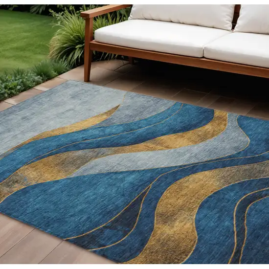 Blue And Gold Abstract Washable Indoor Outdoor Area Rug Photo 2