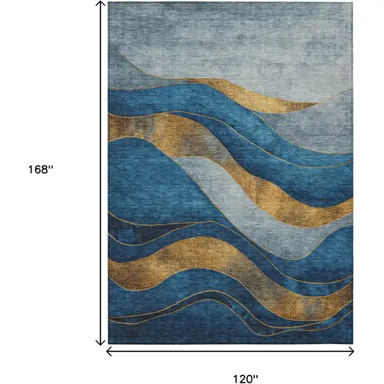 Blue And Gold Abstract Washable Indoor Outdoor Area Rug Photo 9