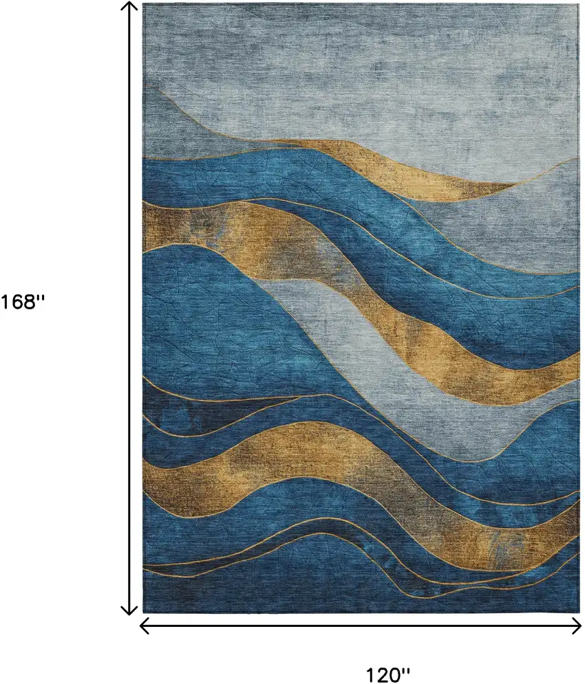 Blue And Gold Abstract Washable Indoor Outdoor Area Rug Photo 9