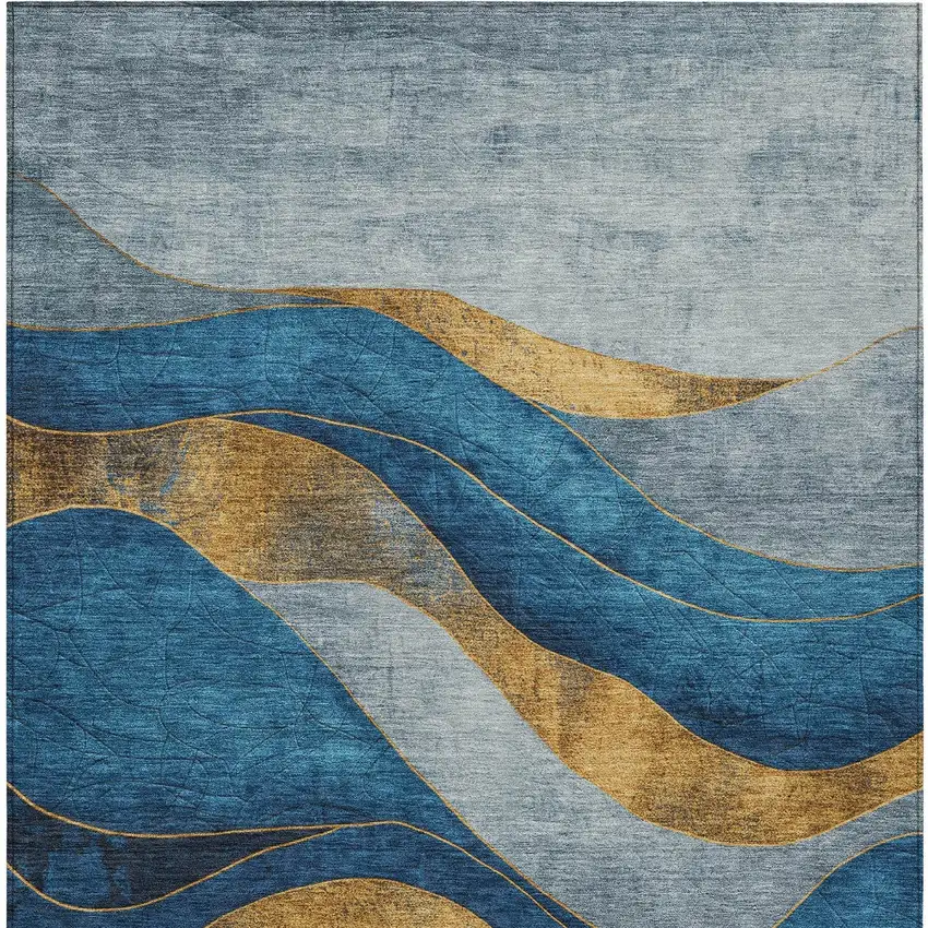 Blue And Gold Abstract Washable Indoor Outdoor Area Rug Photo 9