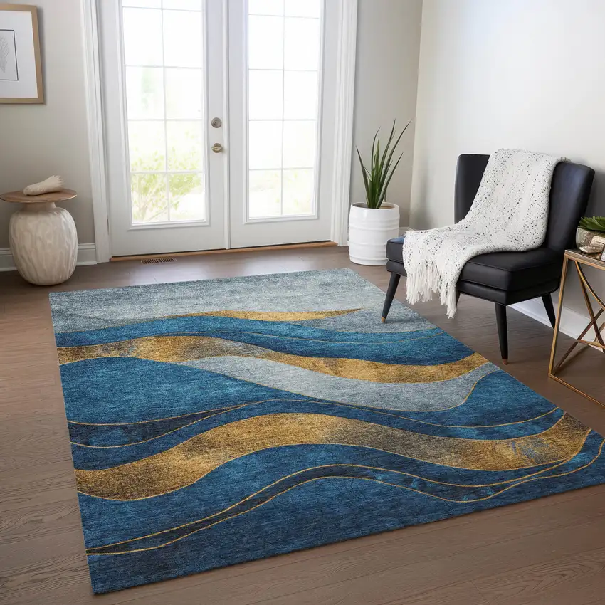 Blue And Gold Abstract Washable Indoor Outdoor Area Rug Photo 5