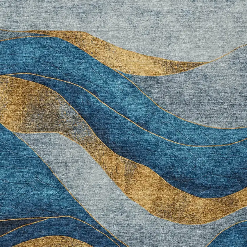Blue And Gold Abstract Washable Indoor Outdoor Area Rug Photo 7