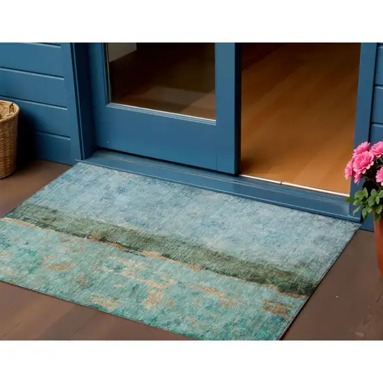 Blue And Gold Abstract Washable Indoor Outdoor Area Rug Photo 1