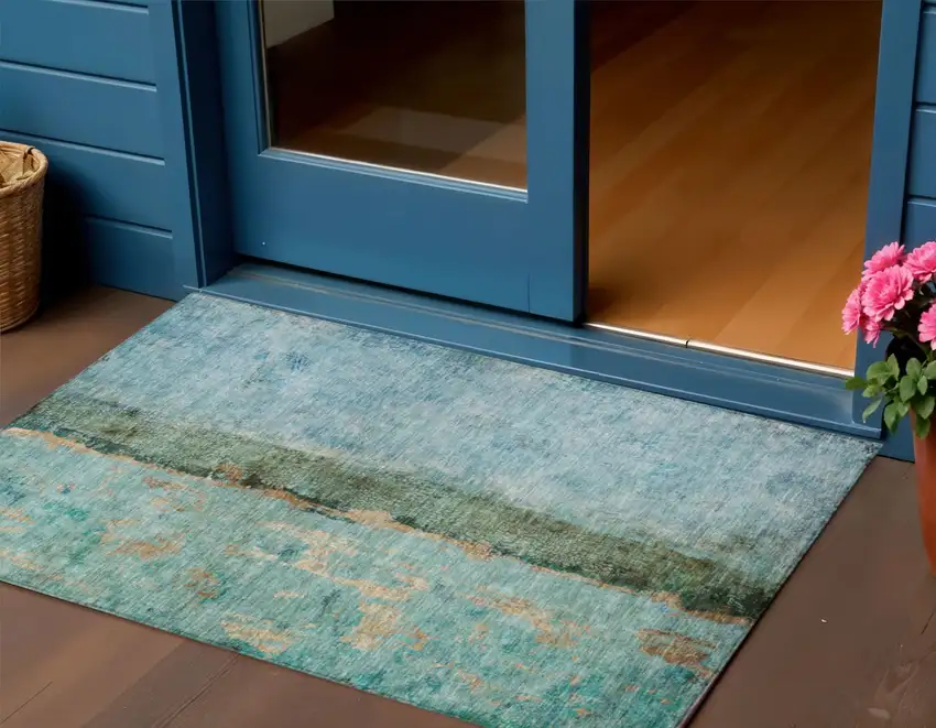 Blue And Gold Abstract Washable Indoor Outdoor Area Rug Photo 1