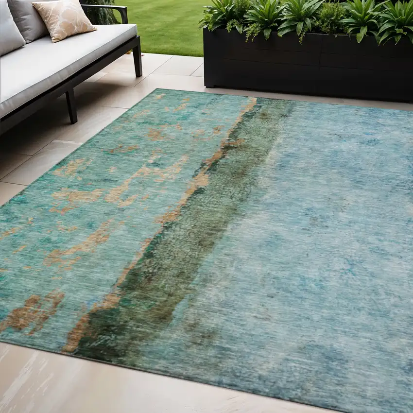 Blue And Gold Abstract Washable Indoor Outdoor Area Rug Photo 1