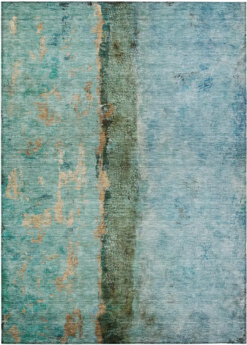 Blue And Gold Abstract Washable Indoor Outdoor Area Rug Photo 2