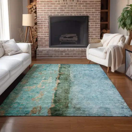 Blue And Gold Abstract Washable Indoor Outdoor Area Rug Photo 8
