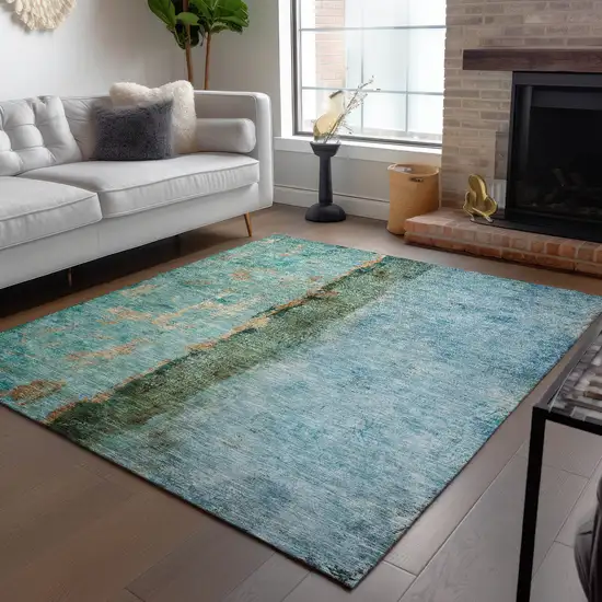 Blue And Gold Abstract Washable Indoor Outdoor Area Rug Photo 9