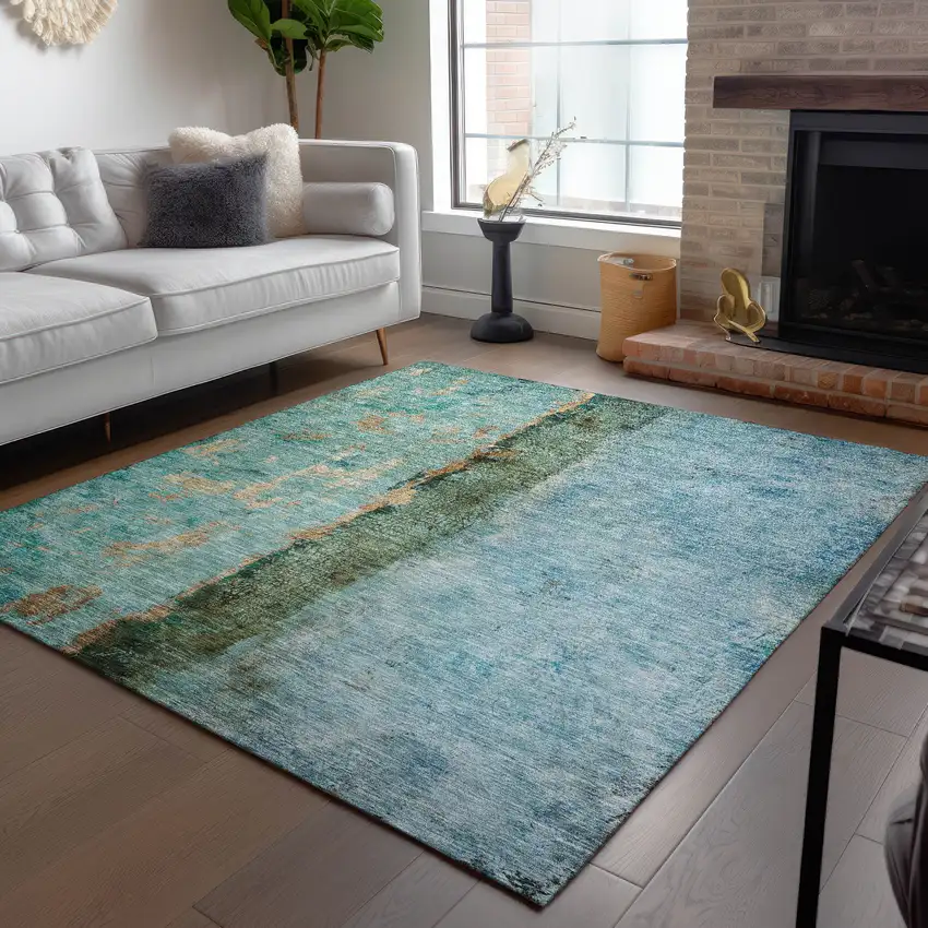 Blue And Gold Abstract Washable Indoor Outdoor Area Rug Photo 9