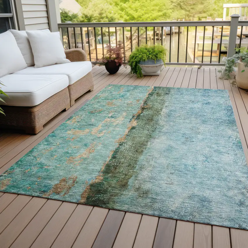 Blue And Gold Abstract Washable Indoor Outdoor Area Rug Photo 7