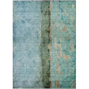 Photo of Blue And Gold Abstract Washable Indoor Outdoor Area Rug
