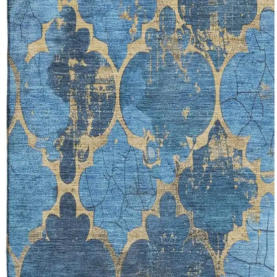 Blue And Gold Damask Washable Area Rug With UV Protection Photo 3