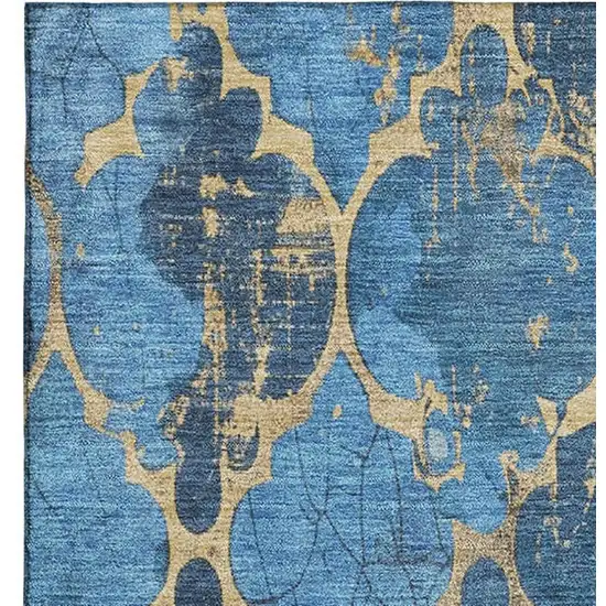 Blue And Gold Damask Washable Area Rug With UV Protection Photo 2