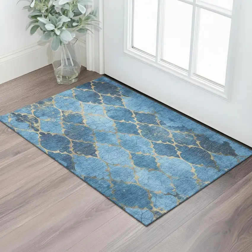 Blue And Gold Damask Washable Area Rug With UV Protection Photo 2