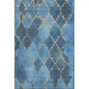 Photo of Blue And Gold Damask Washable Area Rug With UV Protection