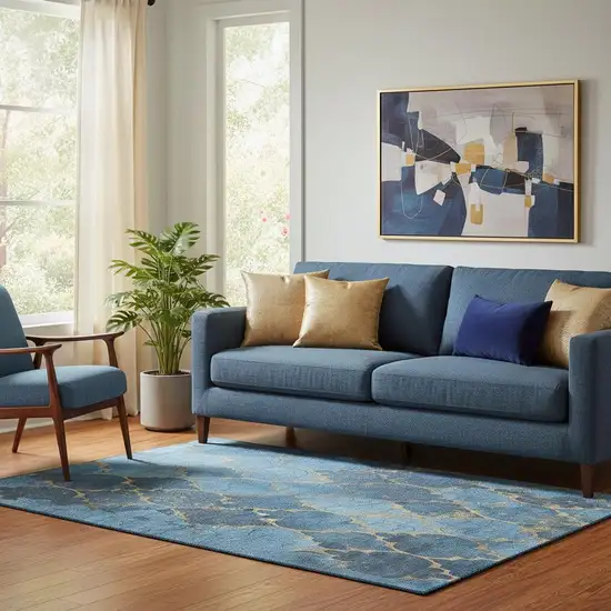 Blue And Gold Damask Washable Area Rug With UV Protection Photo 2