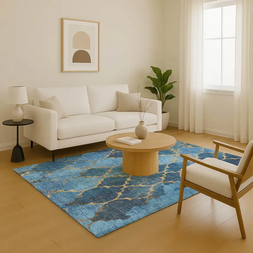 Blue And Gold Damask Washable Area Rug With UV Protection Photo 5