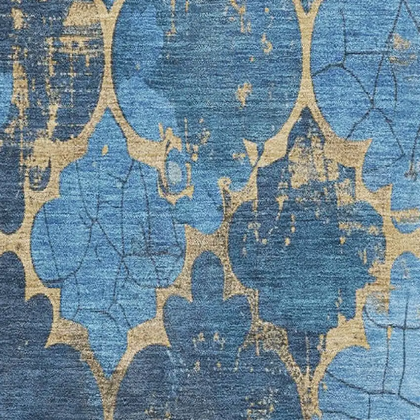 Blue And Gold Damask Washable Area Rug With UV Protection Photo 2
