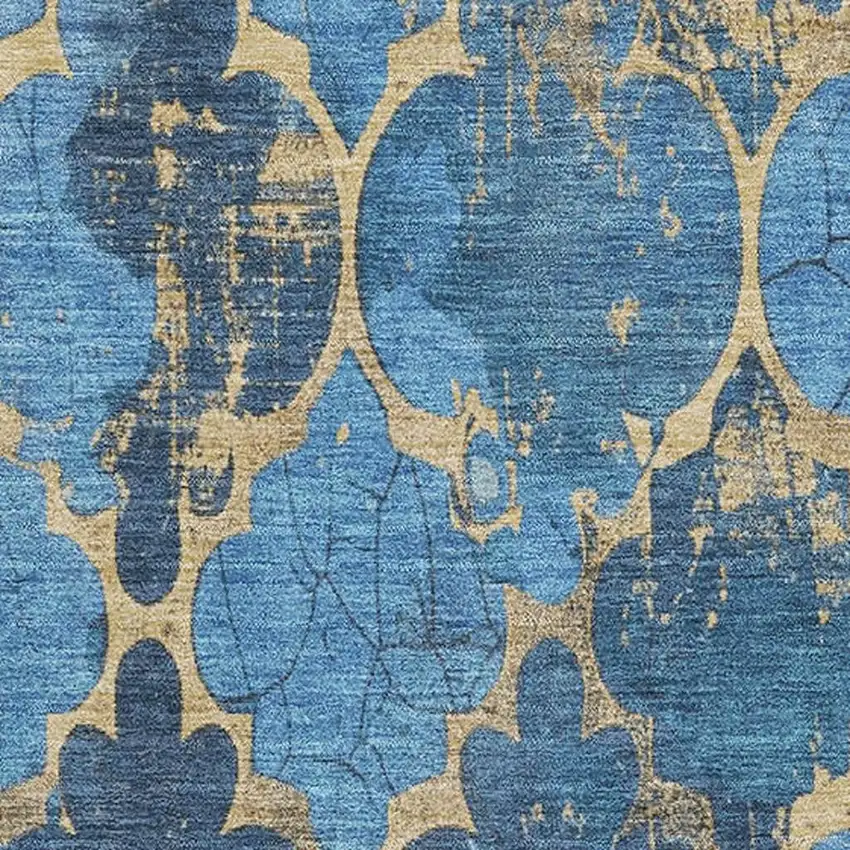 Blue And Gold Damask Washable Area Rug With UV Protection Photo 2