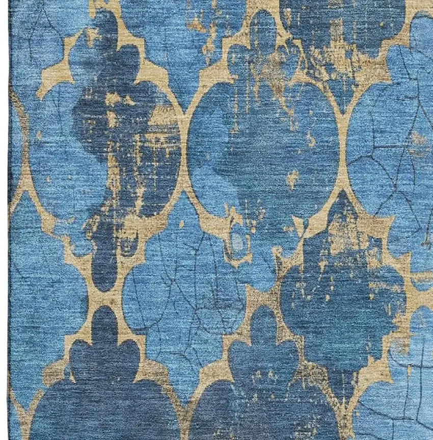 Blue And Gold Damask Washable Area Rug With UV Protection Photo 3