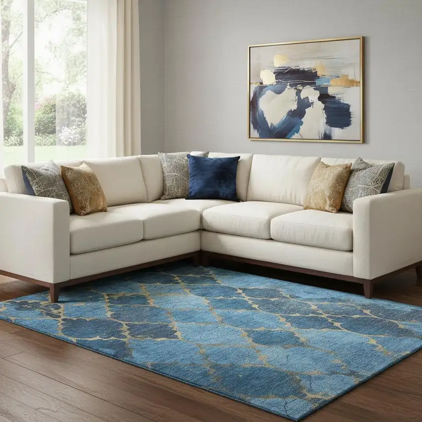 Blue And Gold Damask Washable Area Rug With UV Protection Photo 2